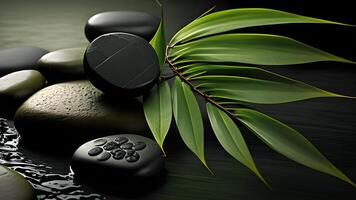 natuurlijk spa illustratie ontwerp met bamboe groen bladeren en zen stenen. generatief ai. foto