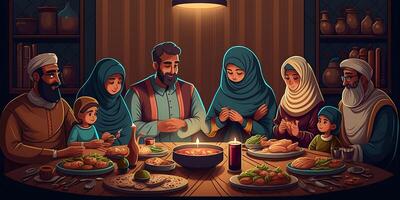warm en saamhorigheid Bij iftar, familie portret, ai gegenereerd foto