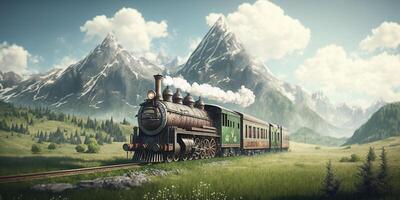 oude treinen passeert in een enorm weide met bergen in de achtergrond, ai gegenereerd foto
