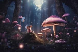 magisch fantasie champignons in betoverd fee verhaal dromerig elf Woud met fantastisch sprookje bloeiend roze roos bloem en vlinder Aan mysterieus achtergrond, glimmend gloeiend sterren en maan stralen in nacht foto