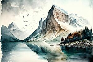 ai gegenereerd mooi waterverf schilderijen van meer, bergen, boot, bomen en vogels. foto