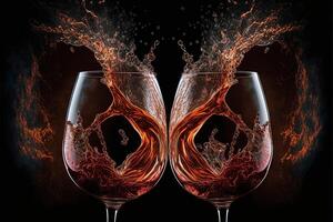 ai gegenereerd wijn bril roosteren, wijn wezen gegoten in een glas, wijn spatten uit van de bril. foto