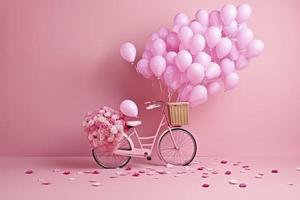 bloemen vlieg uit van roze fiets bascet Aan roze achtergrond. romantisch concept voor Valentijn dag foto