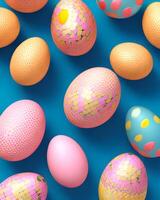 ai gegenereerd, Pasen eieren in verschillend patroon en kleuren, wit, roze, geel, blauw, overhead visie, kleurrijk eieren, veelkleurig, vakantie achtergrond foto