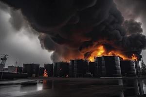 olie opslagruimte brand. de tank boerderij is brandend, zwart rook foto