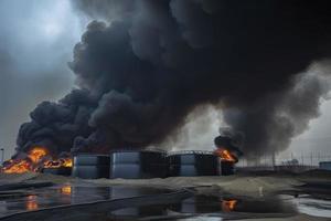 olie opslagruimte brand. de tank boerderij is brandend, zwart rook foto