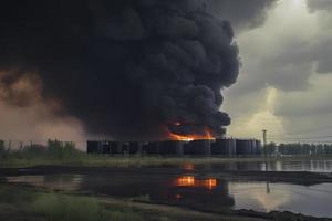 olie opslagruimte brand. de tank boerderij is brandend, zwart rook foto