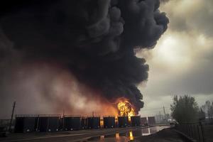 olie opslagruimte brand. de tank boerderij is brandend, zwart rook foto