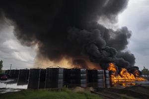 olie opslagruimte brand. de tank boerderij is brandend, zwart rook foto