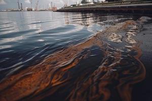 olie lekken van schip , olie morsen verontreiniging vervuild water oppervlakte water verontreiniging net zo een resultaat van menselijk activiteiten foto