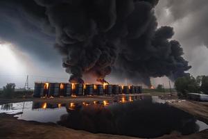 olie opslagruimte brand. de tank boerderij is brandend, zwart rook foto