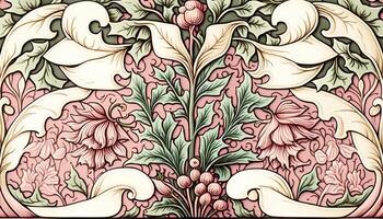 generatief ai, bloemen kleurrijk patroon. William morris geïnspireerd natuurlijk planten en licht roze bloemen achtergrond, wijnoogst illustratie. gebladerte ornament. foto