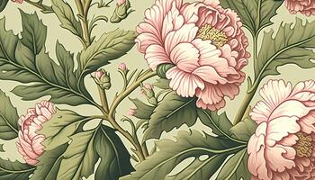 generatief ai, bloemen kleurrijk patroon. William morris geïnspireerd natuurlijk planten en roze pioen bloemen achtergrond, wijnoogst illustratie. gebladerte ornament. foto