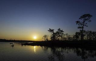 zonsopkomst Bij kust van de meer. blauw lucht en zon reflectie Aan water. natuur landschap in ochtend- foto
