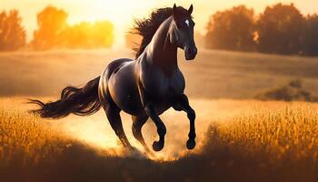 zwart paard rennen in een veld- in goud zonsondergang, ai generatief foto