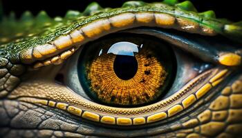 dichtbij omhoog oog van krokodil, dinosaurus, ai generatief foto