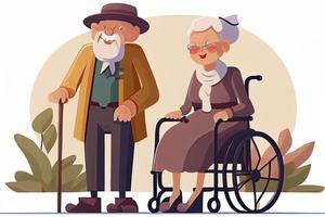 tekenfilm oud mensen. gelukkig oud burgers, gehandicapt senior Aan ouder rolstoel en zorg senioren glimlachen foto