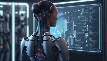 robot of cyborg programmering kunstmatig intelligentie- in cyberruimte. ai in industrieel revolutie. gemaakt met generatief ai foto