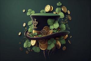 st. Patrick kaart met twee groen blad, een groen hoed en aambeien van goud munten foto