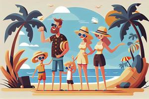 gelukkig familie met twee kinderen genieten zomer vakantie Aan kust. zomer reizen en vrije tijd Aan zee strand foto