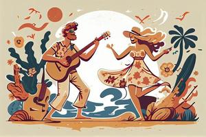hippie karakters, jong Mens en vrouw spelen gitaar en dansen Aan tropisch strand foto