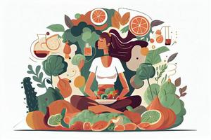 bedachtzaam aan het eten concept. jong vrouw, omringd door smakelijk en gezond groenten en fruit foto