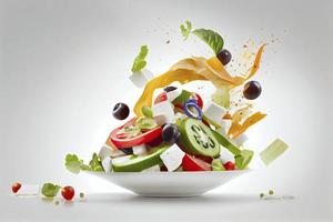 vliegend groente Grieks salade geïsoleerd Aan wit achtergrond foto