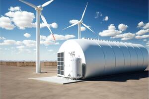 ai gegenereerd wind turbines, zonne- panelen en waterstof gas- tanks. hernieuwbaar energie concept. foto