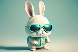ai gegenereerd klein kawaii konijn draagt zonnebril tekenfilm stijl. schattig weinig konijn vervelend zonnebril Aan groen thema. foto