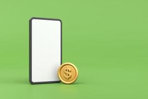 telefoon wit scherm met goud munten Aan groen achtergrond, concept van mobiel online winkelen, 3d renderen foto