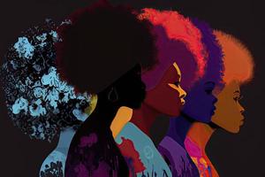 zwart geschiedenis maand voor modern keer illustratie met verf kleur zwart Dames met afro haar- silhouet foto