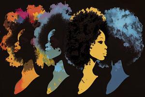 zwart geschiedenis maand voor modern keer illustratie met verf kleur zwart Dames met afro haar- silhouet foto