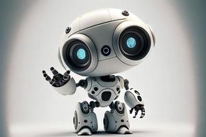 schattig robot Aan een wit backdrop met een richten hand- en een knipogen oog. technologisch idee foto