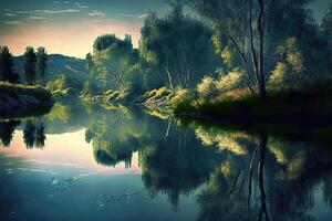 ai gegenereerd een rivier- of meer met reflecties van omgeving natuur. foto