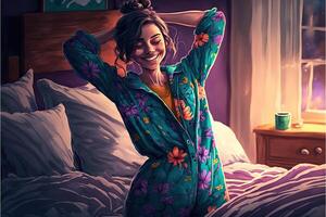 ai gegenereerd gelukkig jong vrouw wakker worden omhoog Aan haar bed. digitaal kunst stijl. foto