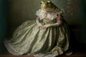 portret van kikker in een Victoriaans jurk. ai gegenereerd foto