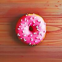 aardbei donut met hagelslag Aan een houten achtergrond.generatief ai. foto