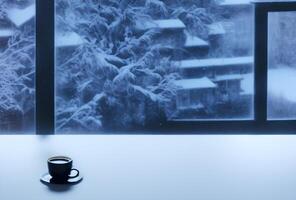 een kop van aroma koffie Aan winter visie van venster.winter ochtend- met koffie.generatief ai. foto