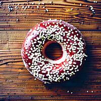 aardbei donut met hagelslag Aan een houten achtergrond.generatief ai. foto
