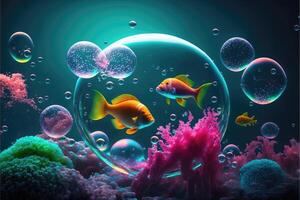 ai gegenereerd kleurrijk bubbel koraal zeewier en vis onderwater- wereld. fantasie fluorescerend neon aquatisch oceaan. abstract gloed in de donker achtergrond. foto