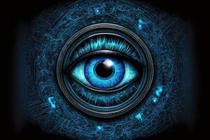 ai gegenereerd oog Matrix cyber technologie blauw achtergrond. foto