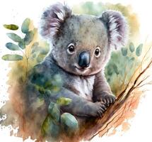 ai gegenereerd schattig baby koala in de midden- van de Woud. waterverf schilderen. foto