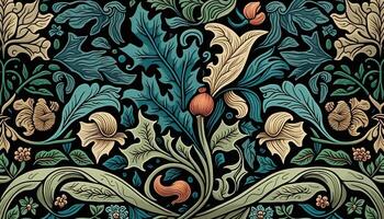 generatief ai, bloemen kleurrijk patroon. William morris geïnspireerd natuurlijk planten en bloemen achtergrond, wijnoogst illustratie. gebladerte ornament. foto