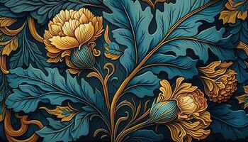 generatief ai, bloemen geel, blauw, groen kleuren patroon. William morris geïnspireerd natuurlijk planten en bloemen achtergrond, wijnoogst illustratie. gebladerte ornament. foto