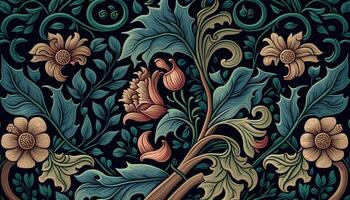 generatief ai, bloemen kleurrijk patroon. William morris geïnspireerd natuurlijk planten en bloemen achtergrond, wijnoogst illustratie. gebladerte ornament. foto