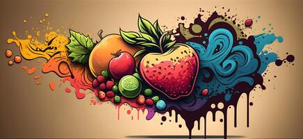 fruit graffiti behang, mengen fruit tekening met straat kunst stijl , ai gegenereerd foto