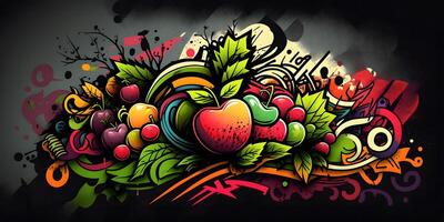 generatief fruit graffiti behang, mengen fruit tekening met straat kunst stijl , ai gegenereerd foto