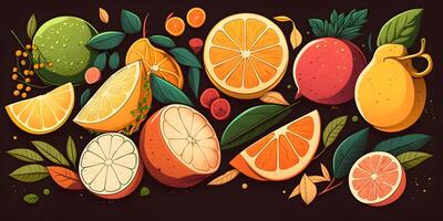tekening fruit achtergrond. natuurlijk tropisch fruit, doodles citrus oranje, druif, guave, banaan, Peer, en vitamine citroen. biologisch fruit of vegetarisch voedsel. ai gegenereerd foto