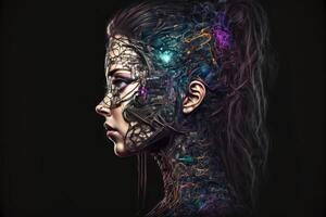 ai gegenereerd kunstmatig intelligentie. humanoid cyber meisje met een neurale netwerk. foto