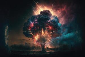 ai gegenereerd krachtig explosie met bliksem en rook Bij nacht abstract achtergrond. foto